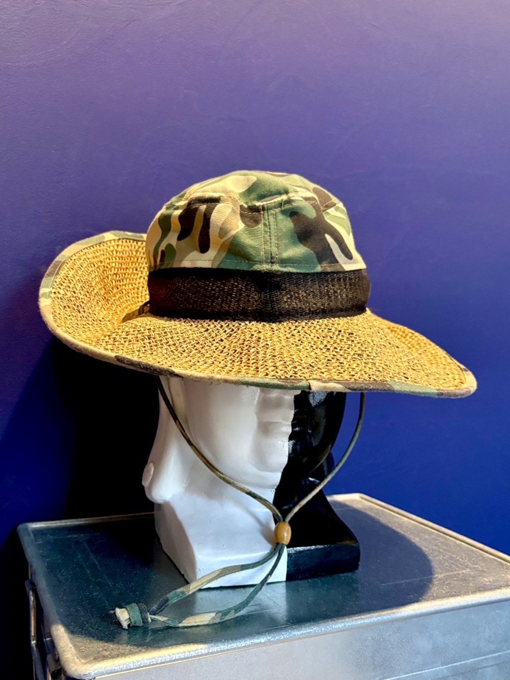 Camo Hat With Straw Brim, Camouflage Safari Hat or Lifeguard / Boonie Camo Hat